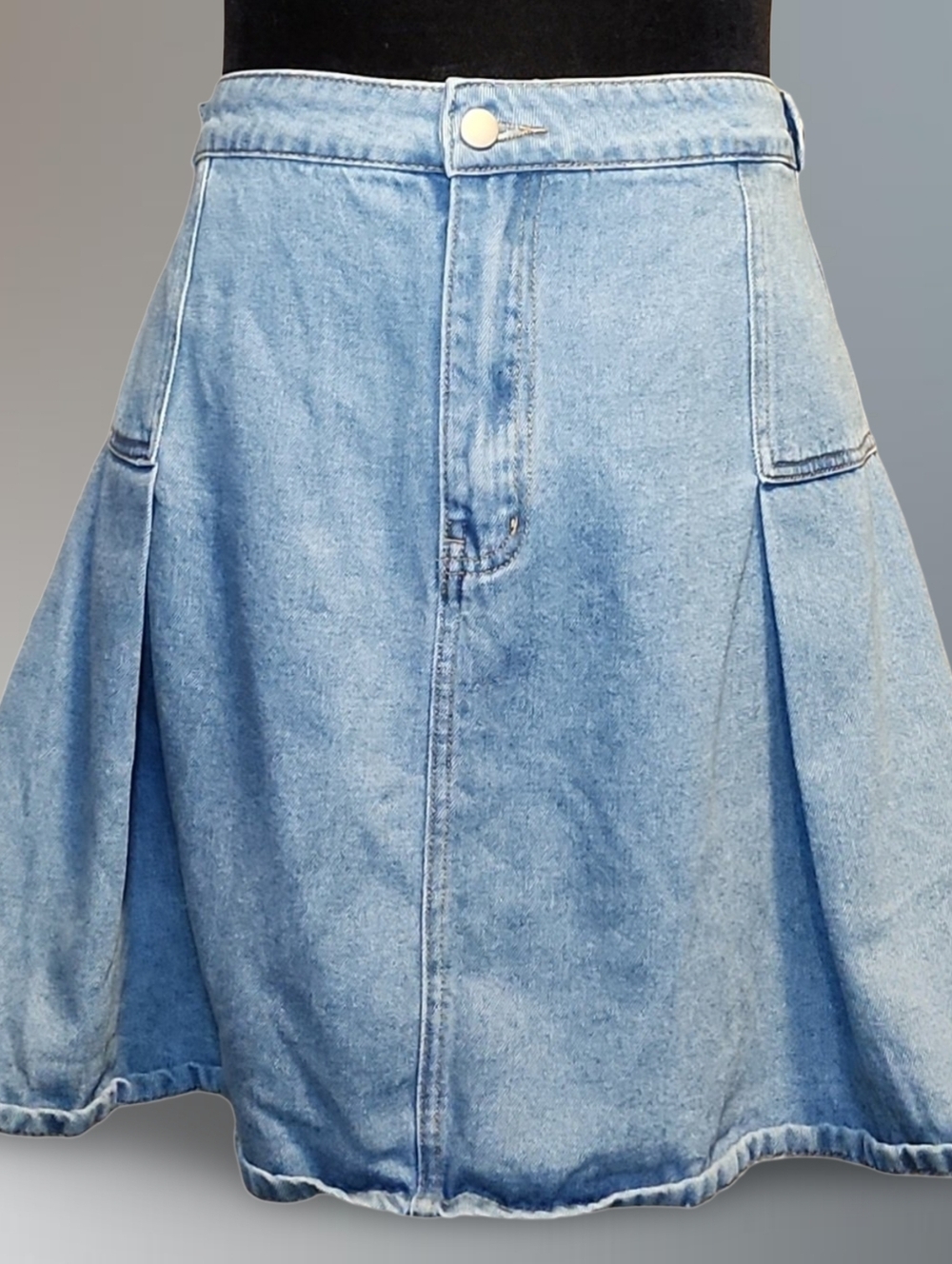 Women's Light Blue Denim Flare Knee Skirt Button Pleat Throwback Y2K Retro 80s